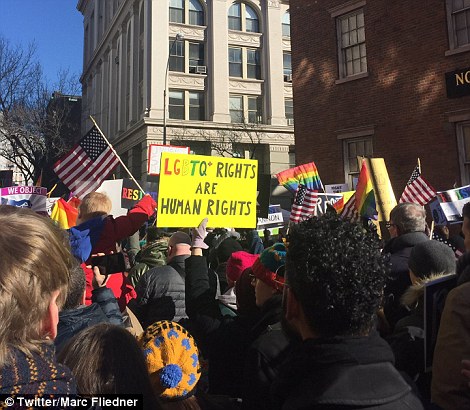 In New York City demonstrators unite at a LGBT Solidarity Rally at Stonewall Inn