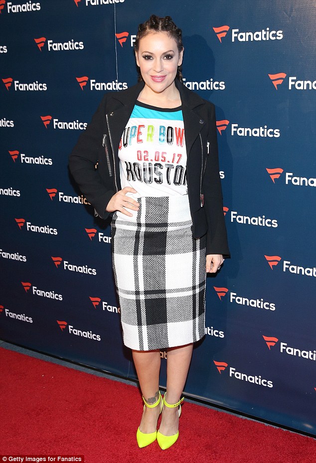 Ready to rumble! Alyssa Milano showed her excitement for the Super Bowl on Saturday as she attended a star-laden Super Bowl pre-party put on by the Fanatics apparel company