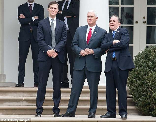 Home alone: Jared Kushner, Vice President Mike Pence and Reince Priebus watch as President Trump and Ivanka lift off in Marine One outside the White House on Wednesday (above)