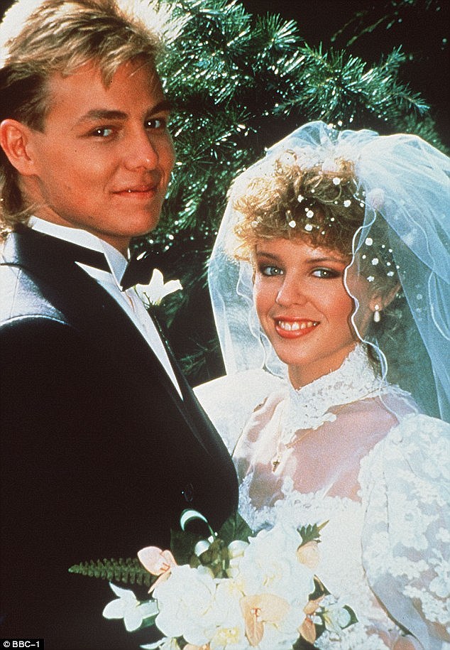 Ramsay Street favourites: Kylie and Jason Donovan, who met on the set of Neighbours, dated from 1986 to 1989 - the pair pictured after filming their onscreen Neighbours wedding in 1987 