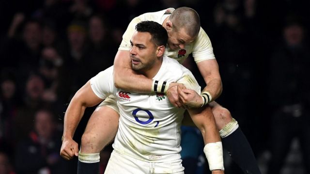 Impact player: Former NRL star Ben Te'o celebrates his try that gave England the momentum to win their opening Six ...