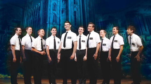 Ryan Bondy (centre) as Elder Price, AJ Holmes (far right) as Elder Cunningham and company in The Book of Mormon.