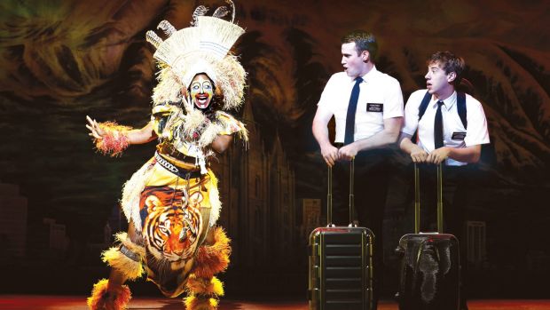 Phyre Hawkins as Mrs. Brown, Ryan Bondy as Elder Price and AJ Holmes as Elder Cunningham in The Book of Mormon at ...