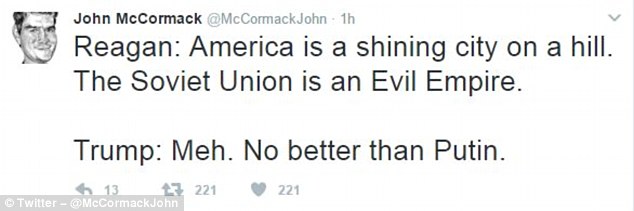 John McCormack also criticized Trump for suggesting that the US was on par with Russia