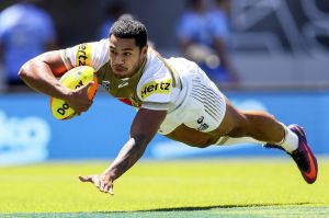 AUCKLAND, NEW ZEALAND - FEBRUARY 05: Waqa Blake of the Panthers scores a try during the 2017 Auckland Nines quarter ...