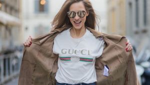 FLORENCE, ITALY - JANUARY 11: German fashion blogger and model Alexandra Lapp is wearing retro vibe Gucci printed cotton ...