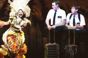 Phyre Hawkins as Mrs. Brown, Ryan Bondy as Elder Price and AJ Holmes as Elder Cunningham in The Book of Mormon at ...