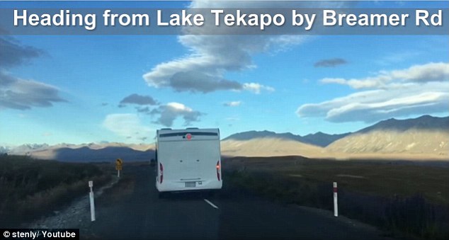 Dashcam footage shows the view from a vehicle following a campervan along a scenic route from Lake Tekapo on New Zealand’s South Island