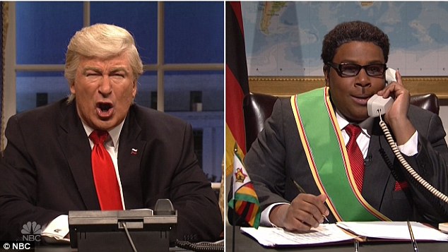 'Why don't you call some random little country and show them who's boss,' Trump is told by 'Bannon.' At that point, Trump phones Zimbabwean ruler Robert Mugabe (right, played by Kenan Thompson)