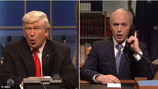 After Trump tells 'Bannon' that he has had a long day, he picks up the phone and calls Australian Prime Minister Malcolm Turnbull, played by cast member Beck Bennett