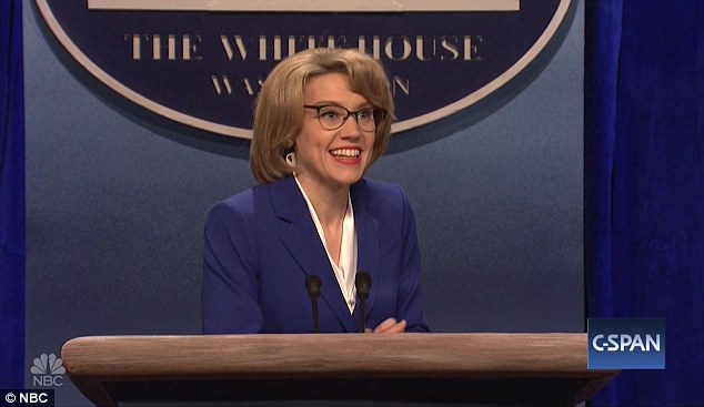 To finish off the sketch, 'Spicer' introduces education secretary nominee Betsy De Vos, played by Kate McKinnon, who says that she knows practically knows nothing about schools, but does know that they should have 'walls, and roof, and gun for potential grizzly,' before being hurried off the stage