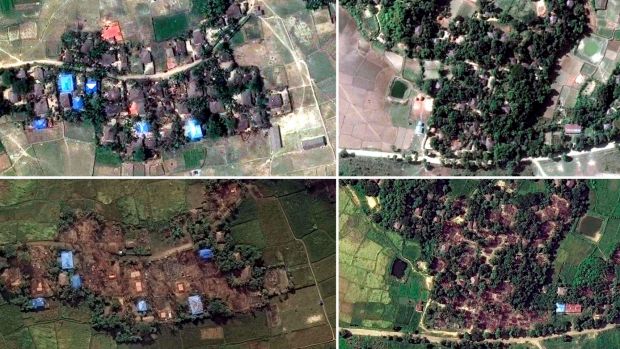 Handout satellite images of two villages in Rakhine state, Myanmar, before and after they were destroyed: Kyet Yoe Pyin ...