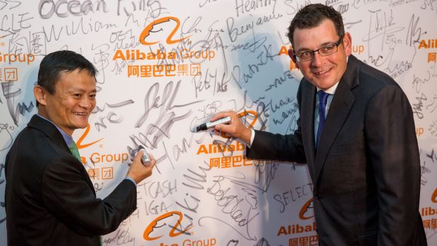 Writing on the wall: Alibaba founder Jack Ma with Premier of Victoria Daniel Andrews at the launch of Alibaba's ...