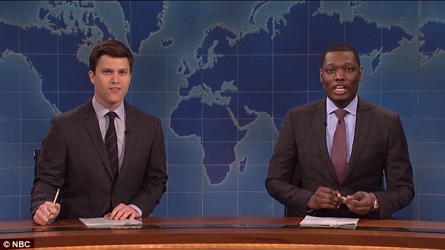 Easy target: Colin Jost and Michael Che then took to the Weekend Update desk to add to the lampooning of Donald Trump
