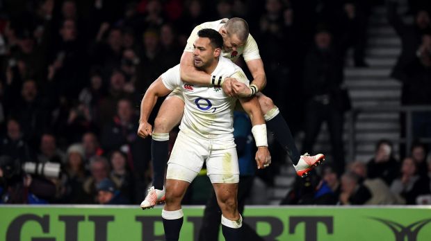 Impact player: Former NRL star Ben Te'o celebrates his try that gave England the momentum to win their opening Six ...