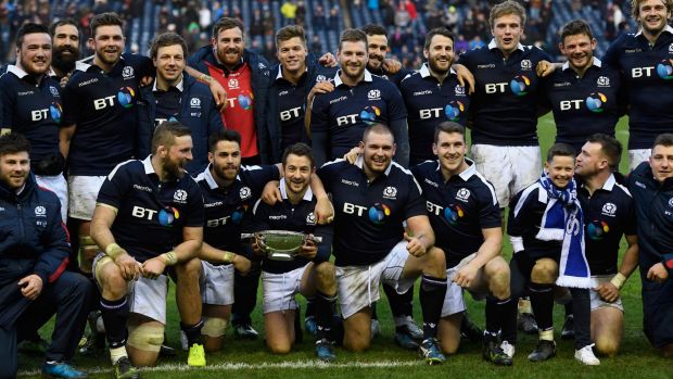 No longer the easy beats: Scotland celebrate their win over Ireland.