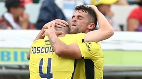 Fabio Ferreira of the Mariners celebrates scoring a goal.