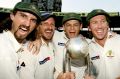 Dizzy heights: Jason Gillespie, Michael Kasprowicz, Adam Gilchrist and Glenn McGrath celebrate their series win in India ...