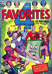 American wartime comic book advertising the government bond drive with super heroes trampling Mussolini, Hitler and Hirohito