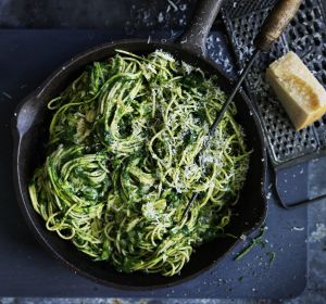 Adam Liaw's vegetarian spring pasta: Spaghetti with zucchini and spinach.