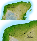 La topografia de radar revela l'anell de 180 quilòmetres del cràter; agrupats al voltant de la fossa del cràter hi ha nombroses dolines, suggerint la presència d'una conca oceànica prehistòrica a la depressió creada per l'impacte (imatge cortesia de NASA/JPL-Caltech).