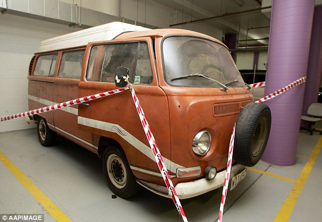 A file photo of the camper van that belonged to murdered English backpacker Mr Falconio, in the carpark of the Supreme court in Darwin