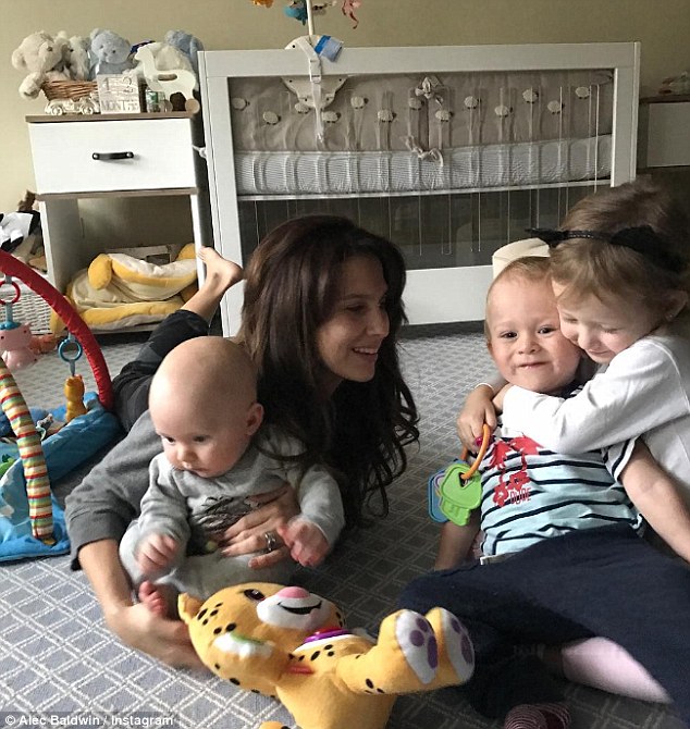 Blessed: Last week, Alec shared a photo of Hilaria and their three children: Leonardo, Rafael and Carmen; he captioned it: 'My pack...'
