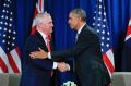 U.S. President Barack Obama shakes hands with Australia's Prime Minister Malcolm Turnbull during their meeting at the ...