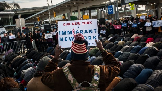 An interfaith prayer service and rally at John F. Kennedy Airport  on Friday.