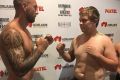 Quade Cooper with opponent Jack McInnes at Thursday's weigh-in.