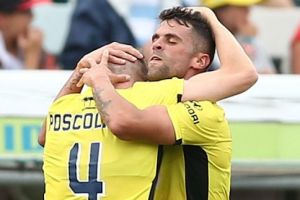 Fabio Ferreira of the Mariners celebrates scoring a goal.