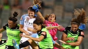 Lydia Williams of Melbourne City punches a cross clear during the W-League Semi Final match between Canberra United and ...