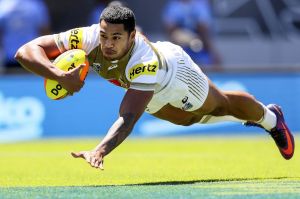 Soaring: Waqa Blake touches down for a try.