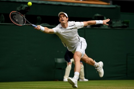 LONDON, ENGLAND - JULY 04: Andy Murray of Great Britain plays a forehand during the Men's Singles fourth round match ...