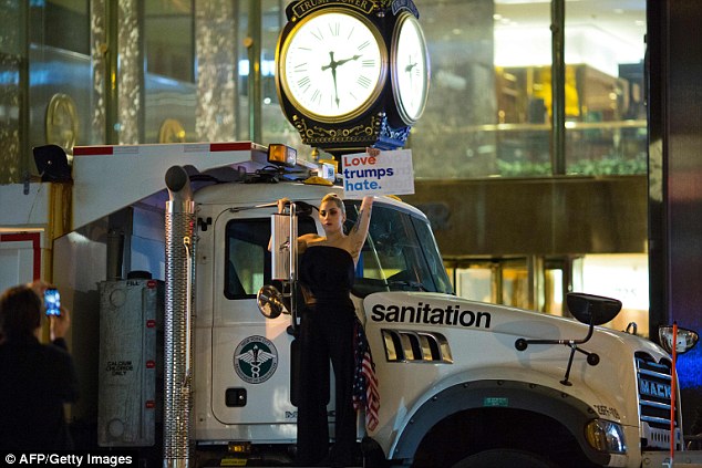 The pop star staged a protest against President Donald Trump on a a sanitation truck outside Trump Tower in New York City after midnight on election day  