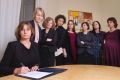 Swedish Deputy Prime Minister Isabella Lovin, left, signs a proposal for the country's new climate law in Stockholm on ...