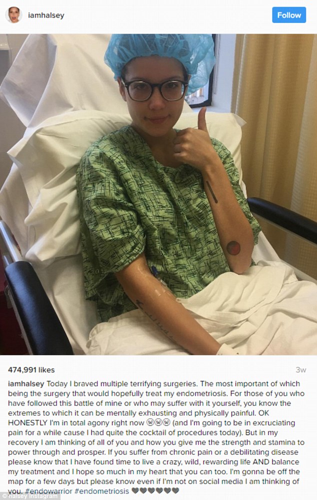 Get well soon: Halsey shared this photo from her hospital bed earlier this month, revealing she'd just undergone a series of surgeries to treat her endometriosis