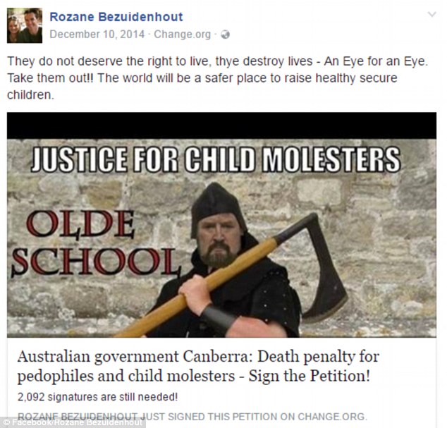 The One Nation candidate for a southern Perth seat wants paedophiles to go on death row