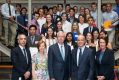 NSW ministers Adrian Piccoli and Leslie Williams, at right, with school students who topped an HSC subject.