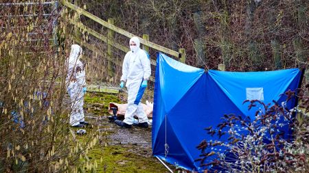 © Licensed to London News Pictures. 05/02/2017. HIGH WYCOMBE, UK.  Forensic officers investigate the scene where human remains where found yesterday (Sat). A routine Thames Valley Police patrol made the grisly find on a slip road between the A404 and M40 motorway at the Handy Cross Roundabout which is likely to remain closed until tomorrow (Mon). Police are currently treating the death as unexplained.   Photo credit: Cliff Hide/LNP