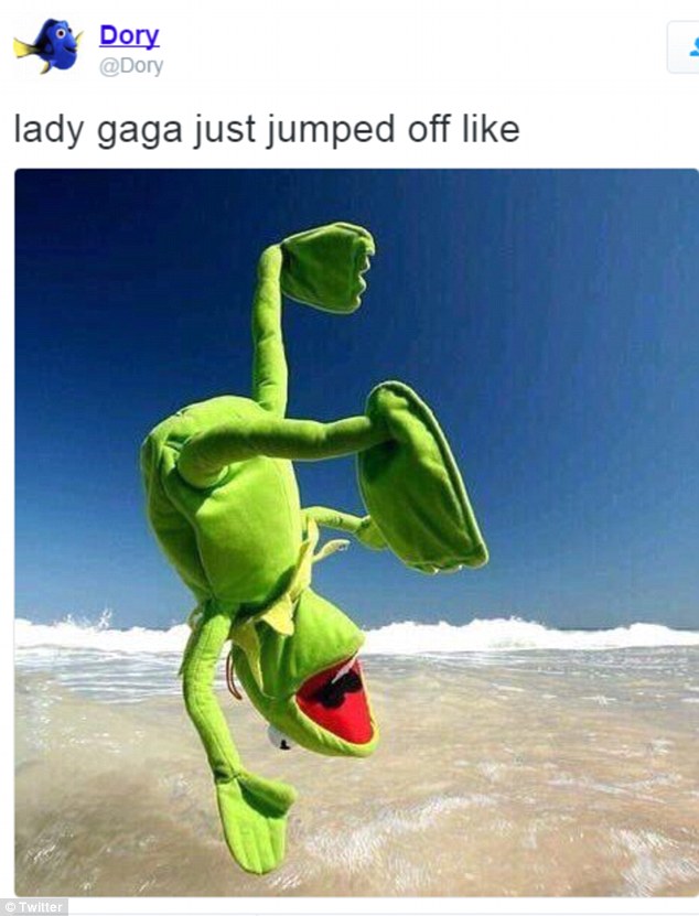 Going green: Gaga was compared to Kermit The frog skydiving