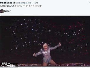 Bah god: Another posted a video featuring the caption: 'Lady Gaga from the top rope'. It showed her jumping at the beginning of the performance then flashed to a WWE performer jumping through a table