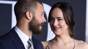 Jamie Dornan, left, and Dakota Johnson arrive at the Los Angeles premiere of Fifty Shades Darker.