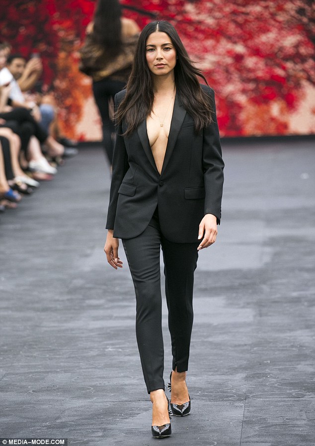 Sultry look: Jessica went bra-less as she walked the runway at the David Jones Autumn/Winter launch last week 