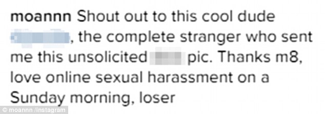 'Online sexual harassment': The 23-year-old took to Instagram to share what appeared to be screen grab of an explicit photo she claims a stranger had sent her via a messaging app 