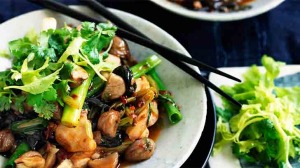 Neil Perry's Chilli chicken with chestnuts, black funghi and celery.