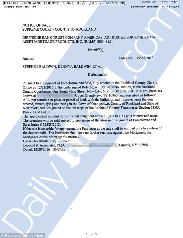 The order states the home will be sold at public auction at the Rockland County Courthouse, with profits going towards the million-dollar debt that Baldwin owes the bank