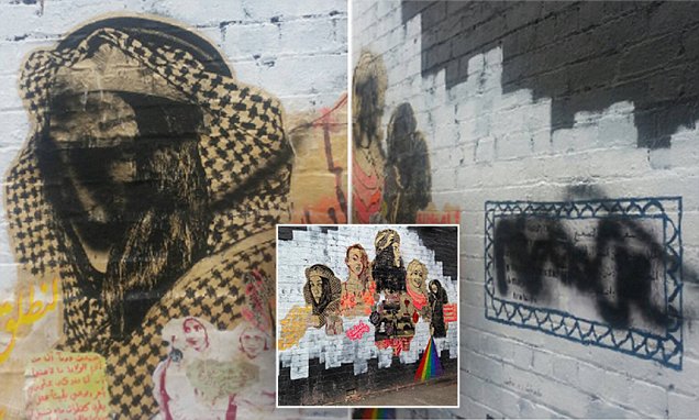 Street-art mural featuring women headscarves is vandalised