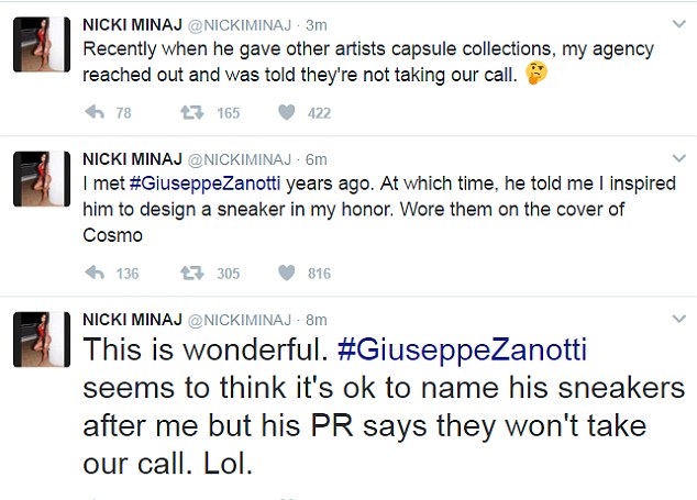 They messed with the wrong star! 'This is wonderful. #GiuseppeZanotti seems to think it’s ok to name his sneakers after me but his PR says they won’t take our call,' the rapper wrote