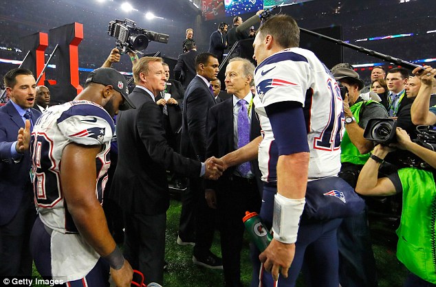 NFL Commissioner Roger Goodell looked positively glum as he shook hands with the greatest quarter back in the game's history who was behind of the most spectacular comeback 